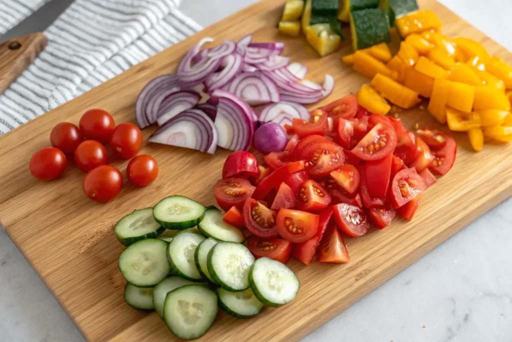 Colorful chopped vegetables for Italian Pasta Salad on cutting board