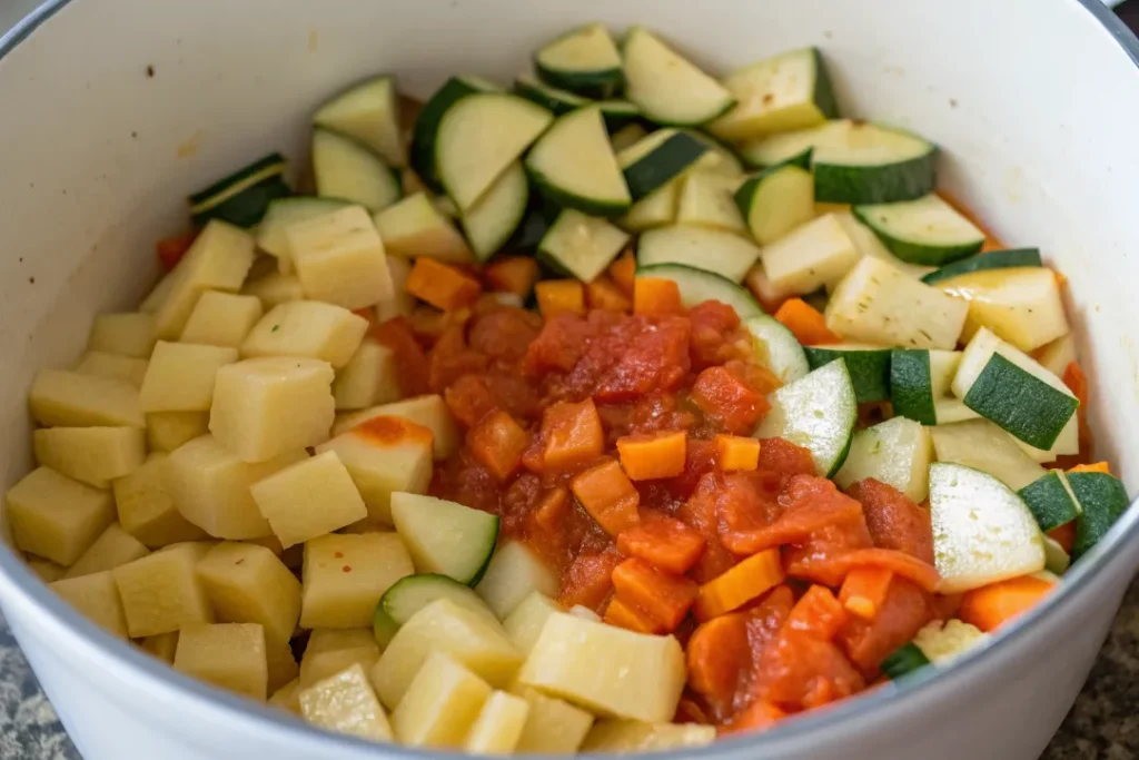 Chopped vegetables and tomatoes added to the pot for Moroccan Vegetable Soup