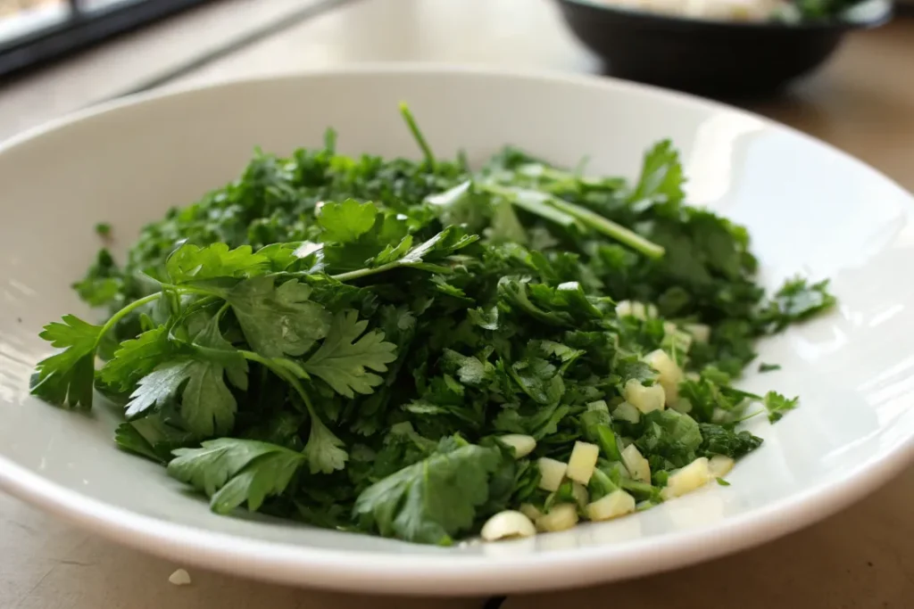 Parsley, cilantro, and garlic mixed for Moroccan Sardine Balls preparation