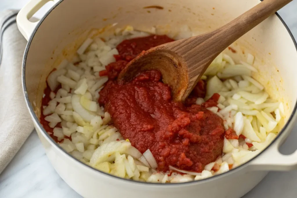Garlic and tomato paste being stirred into onions inside a pot.