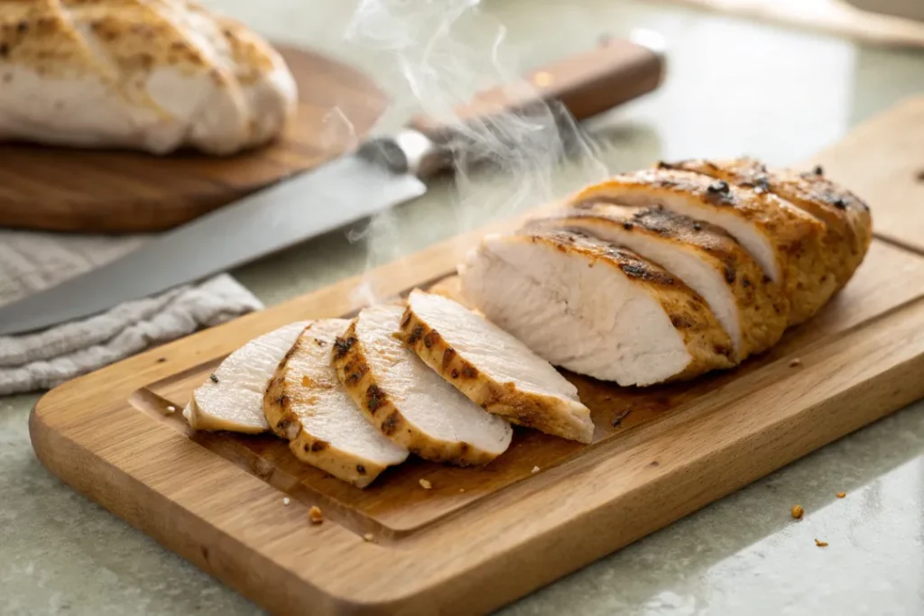 Juicy grilled chicken slices on a cutting board for Asian Chicken Noodle Salad recipe