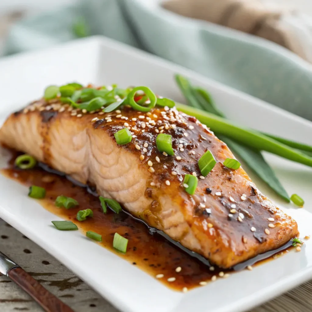 Close-up of glazed Asian Salmon with sesame seeds and green onions on a white plate