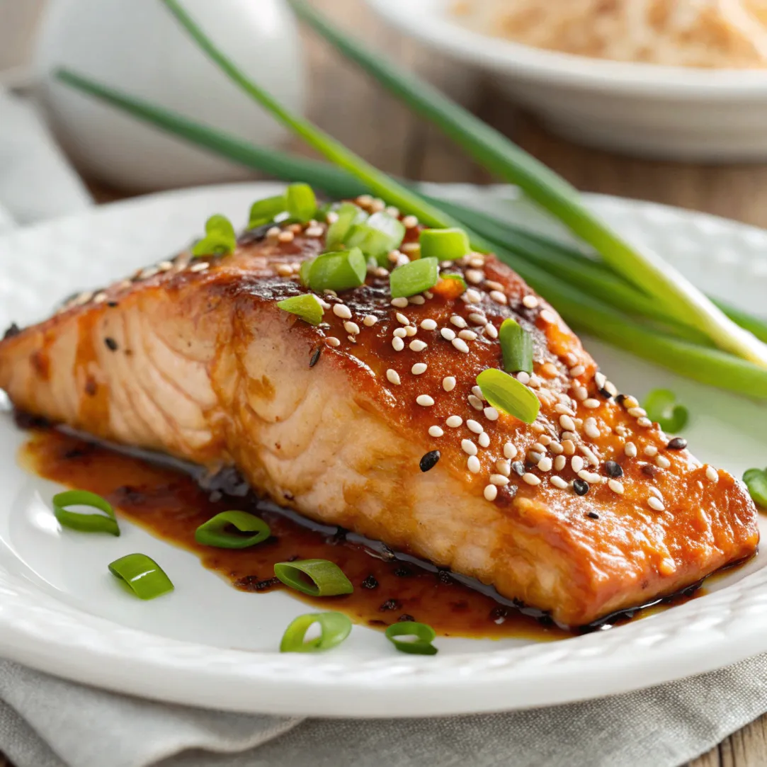 Close-up of glazed Asian Salmon with sesame seeds and green onions on a white plate