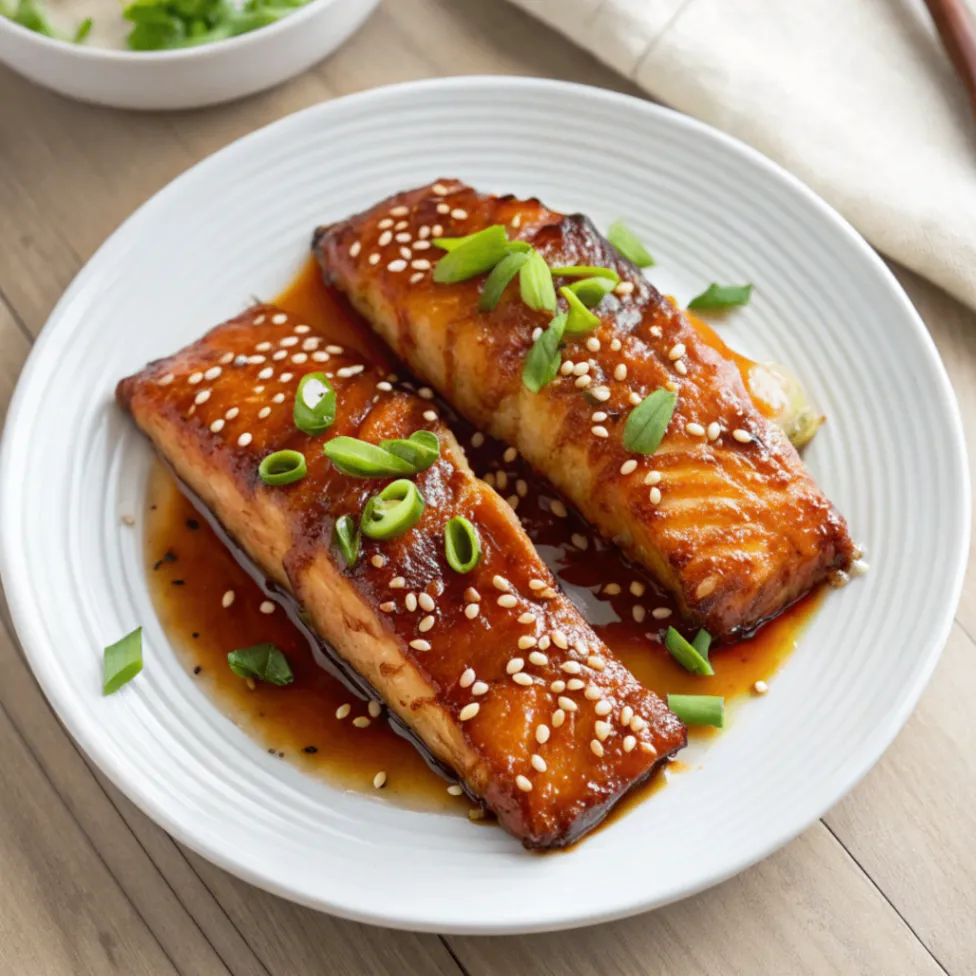 Close-up of glazed Asian Salmon with sesame seeds and green onions on a white plate