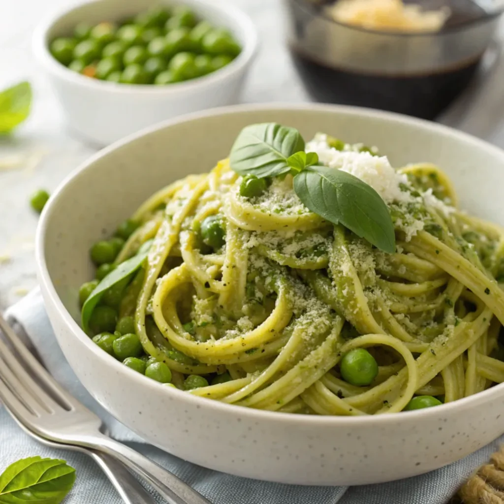 A close-up of creamy Healthy Instant Pot Linguine with Pesto and Peas served in a white plate, topped with Parmesan and basil leaves.