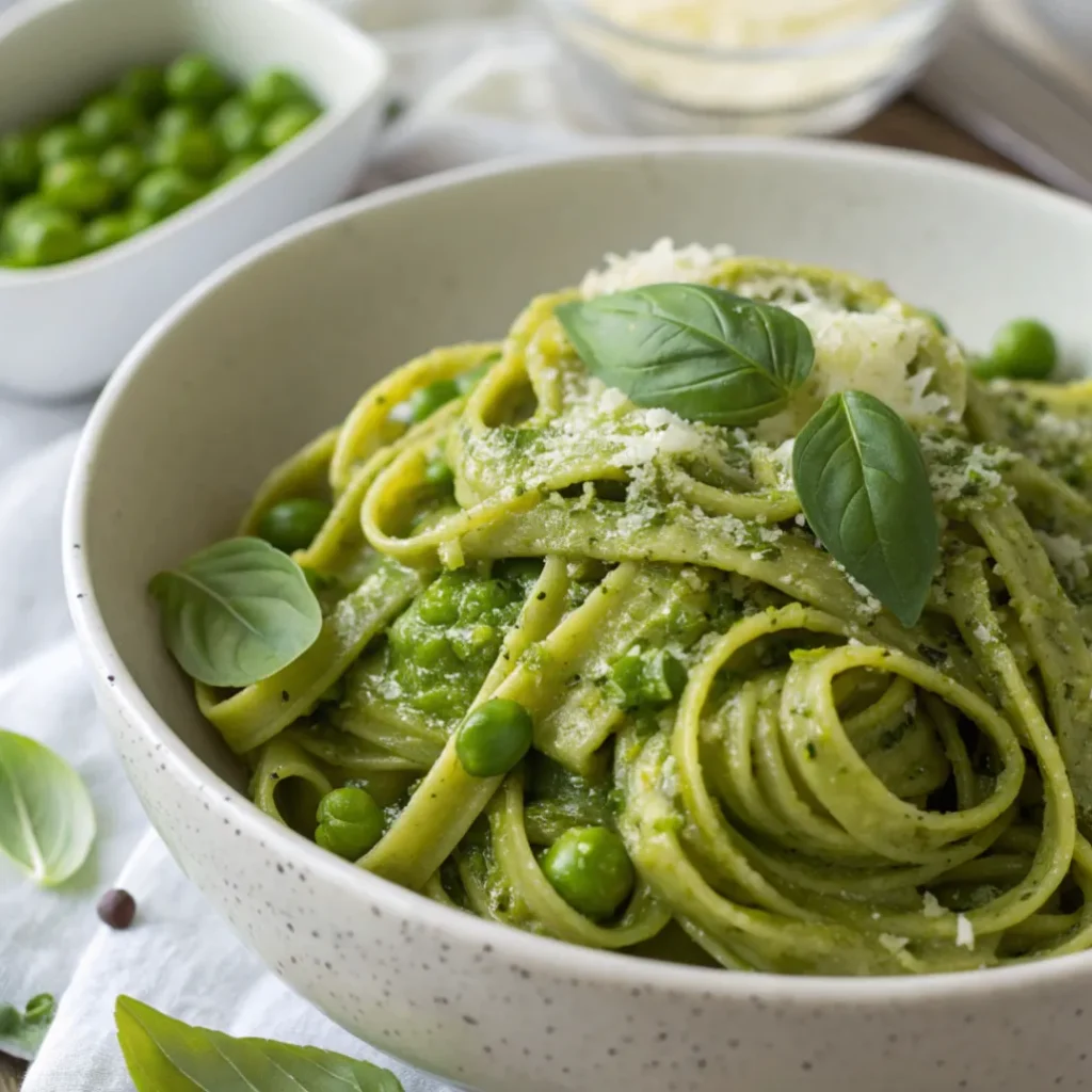 A close-up of creamy Healthy Instant Pot Linguine with Pesto and Peas served in a white plate, topped with Parmesan and basil leaves.