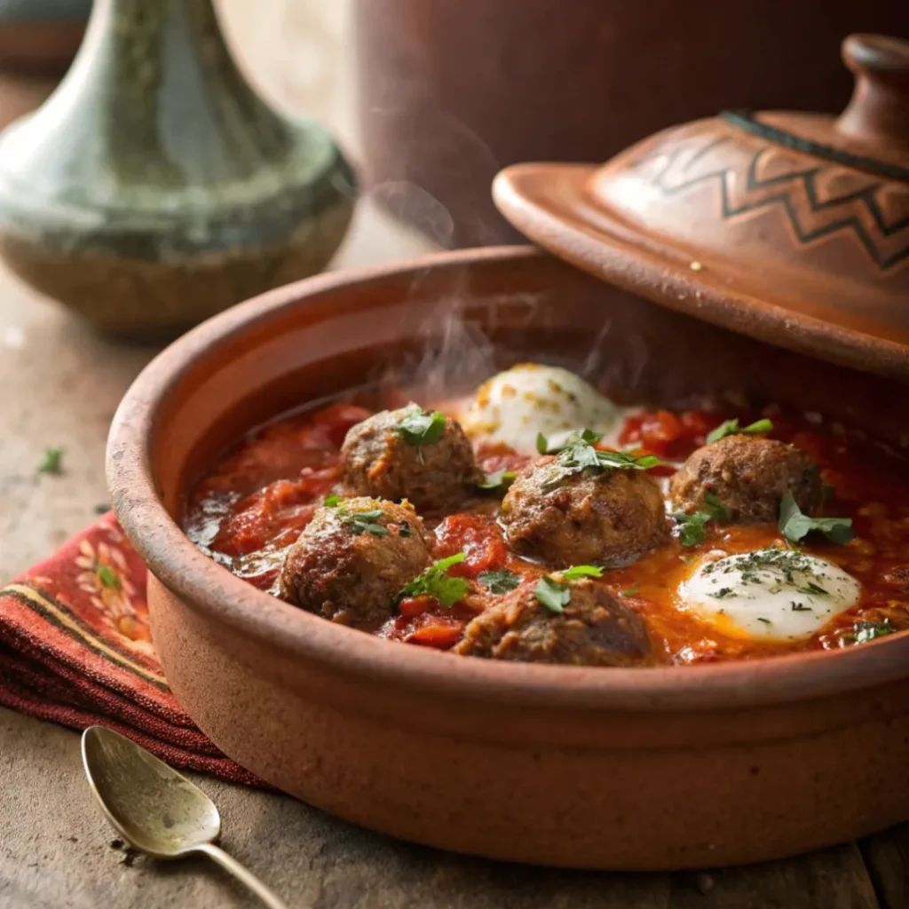 Close up of homemade Kefta meatballs and tomato sauce tagine served on a white plate with rich tomato sauce and herbs