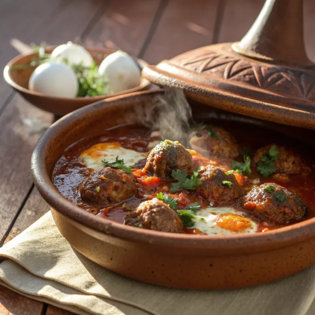 Close up of homemade Kefta meatballs and tomato sauce tagine served on a white plate with rich tomato sauce and herbs