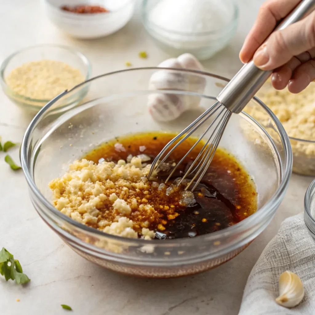 A bowl of honey soy garlic ginger sauce being whisked for Asian Style Honey Chicken