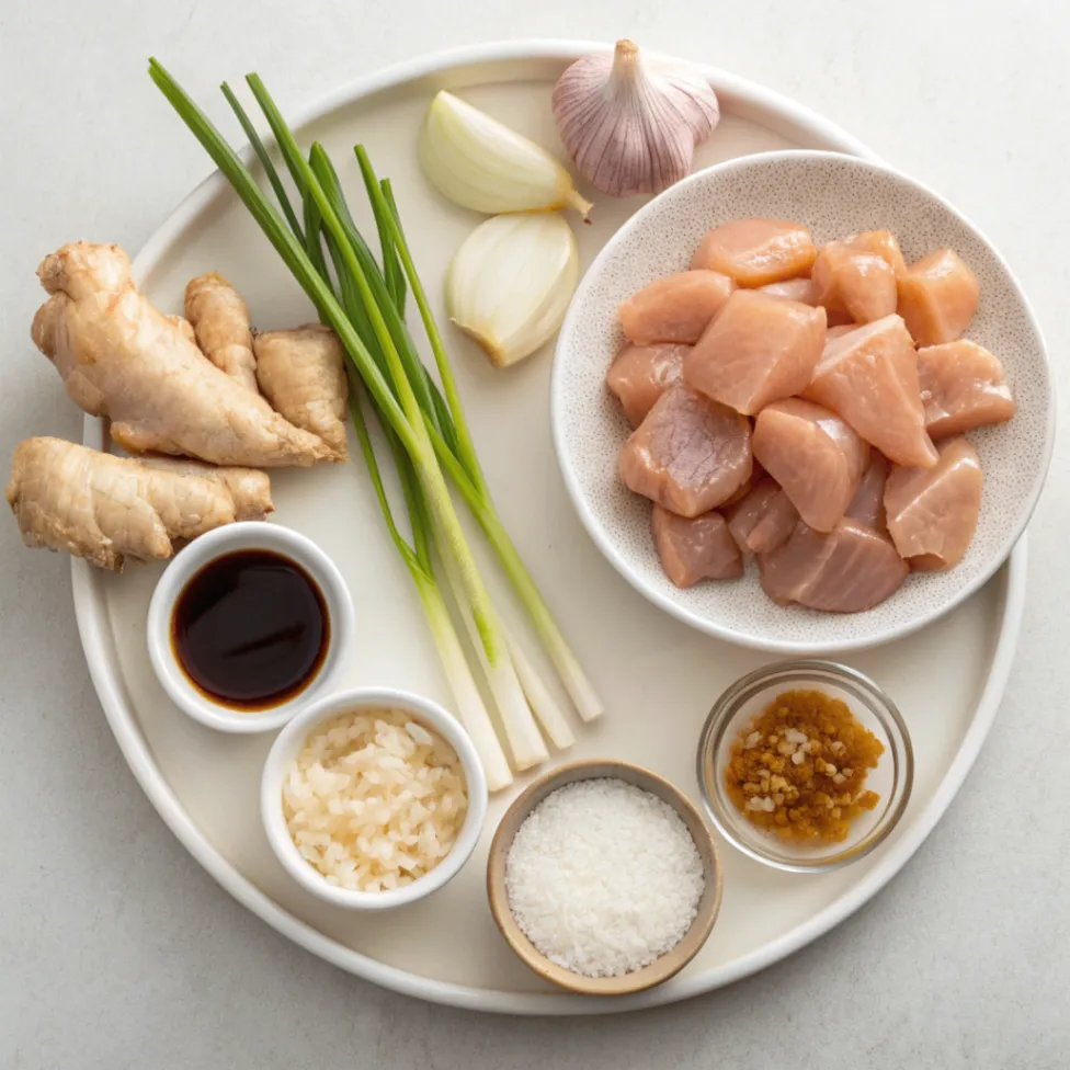 A close up overhead image of the fresh ingredients used to make Asian Style Honey Chicken, including raw chicken, garlic, ginger, soy sauce, rice vinegar, honey, and scallions arranged neatly.