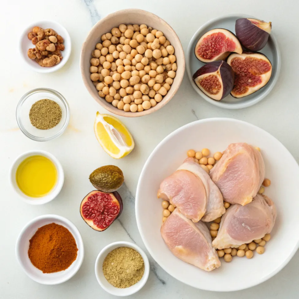 Overhead photo of fresh ingredients for Chicken Tagine with Chickpeas and Fresh Figs arranged in white bowls.