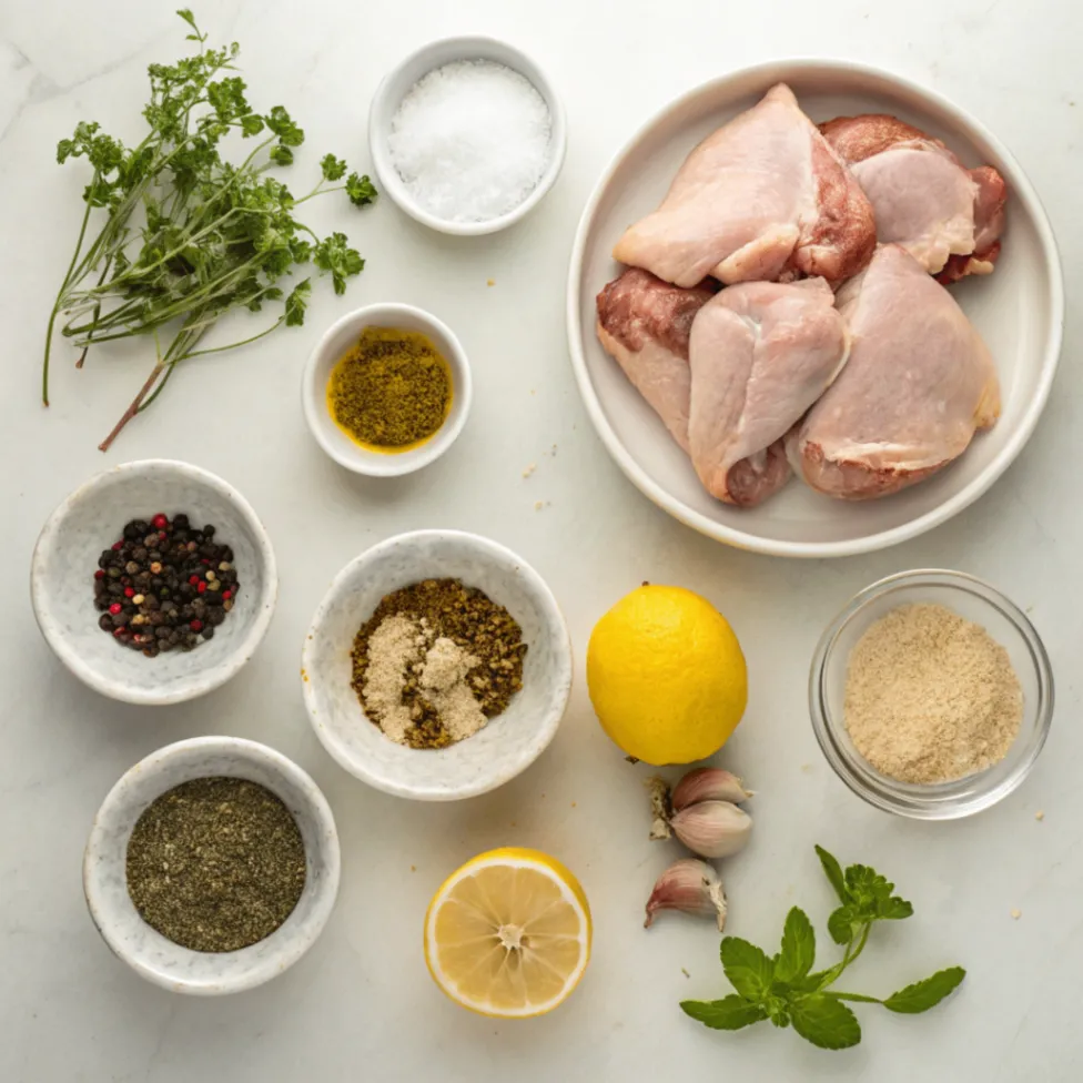 Overhead close up of ingredients for Baked Italian Chicken Thighs including chicken thighs, Italian herbs, olive oil, garlic powder, paprika, lemon, and parsley.