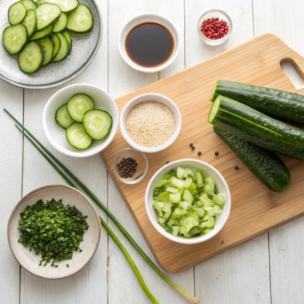 Fresh ingredients for Asian Cucumber Salad including cucumbers, soy sauce, sesame oil, rice vinegar, garlic, and sesame seeds arranged on a wooden table.