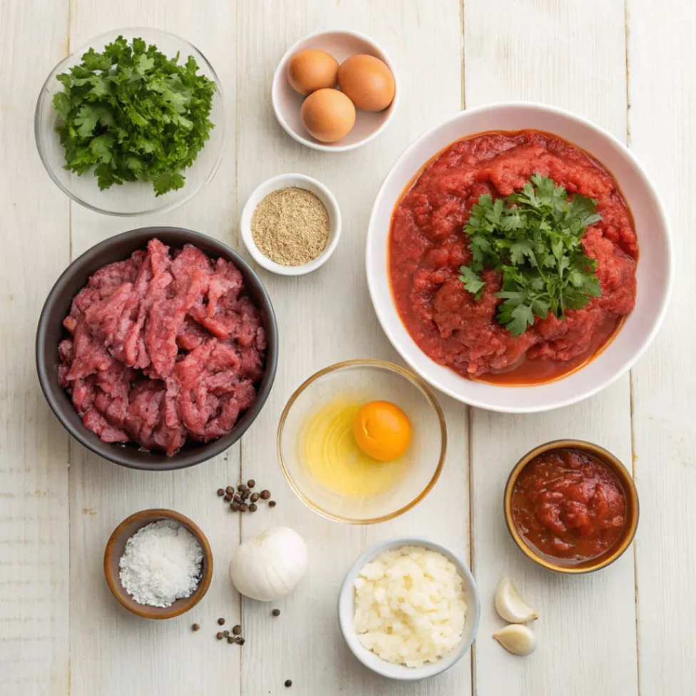 Fresh ingredients laid out for homemade Kefta meatballs and tomato sauce tagine including herbs, spices, tomatoes, and ground meat