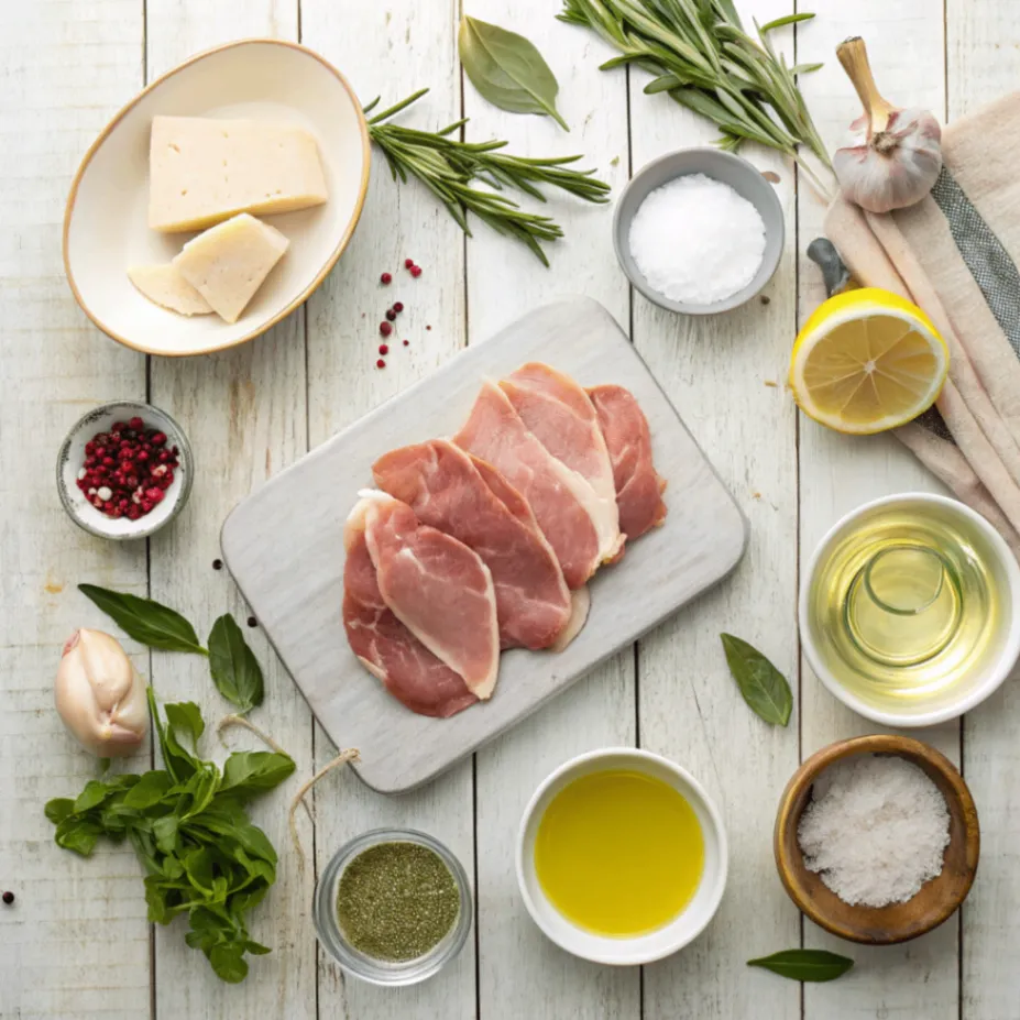 Fresh ingredients for Instant Pot Chicken Saltimbocca including chicken, prosciutto, sage, lemon, garlic, and wine arranged on a rustic table
