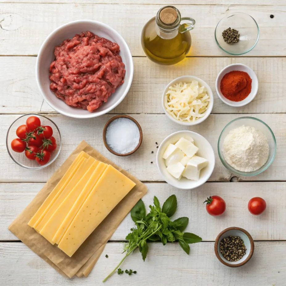 A flat lay photo of fresh ingredients for Instant Pot Lasagna, including pasta, cheese, tomato sauce, herbs, and ground beef on a rustic kitchen table.