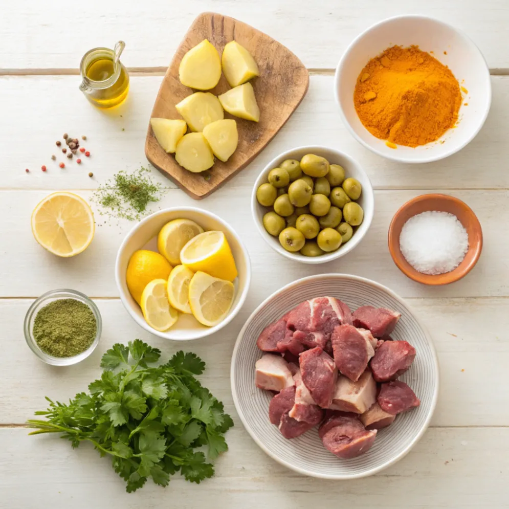 Overhead image of lamb, potatoes, olives, spices, and preserved lemon prepared for a Moroccan tagine recipe