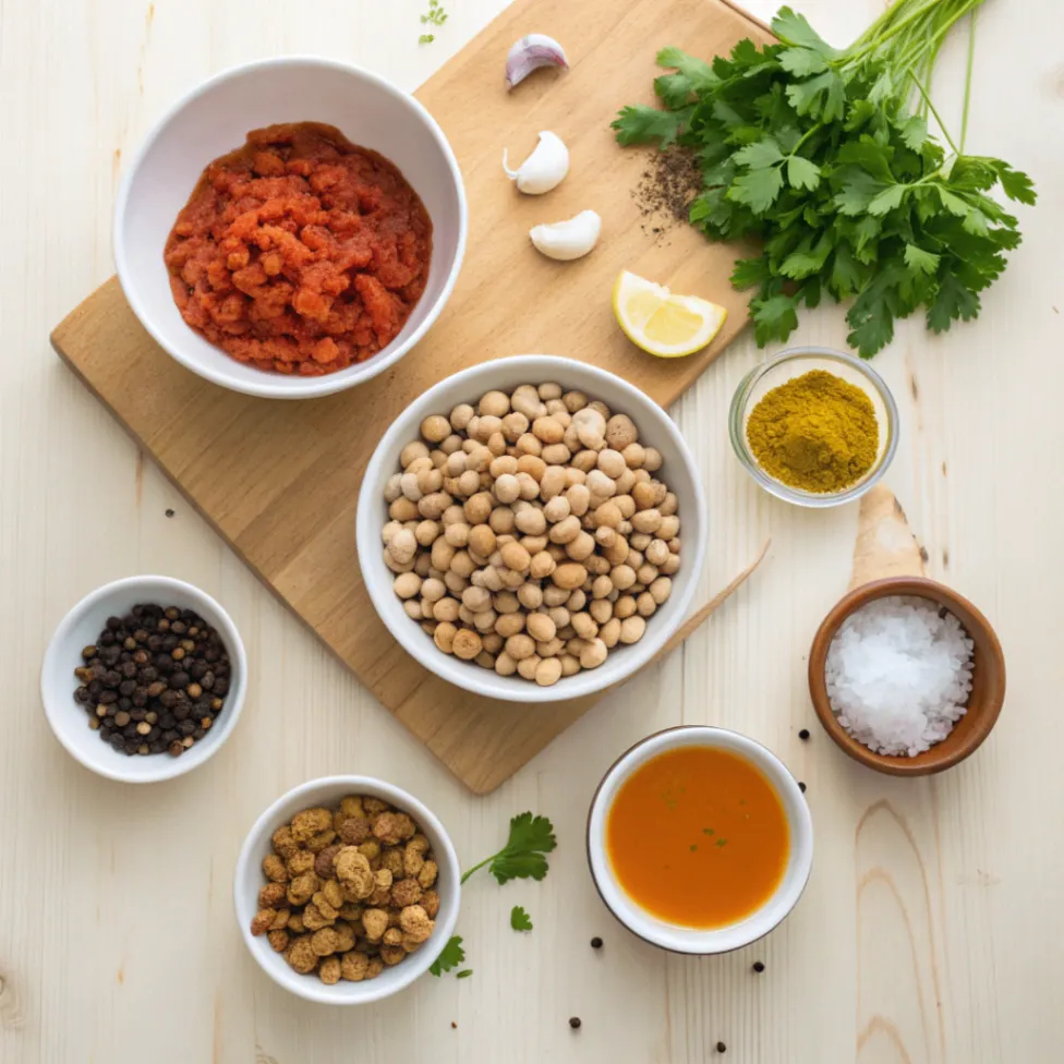 Ingredients laid out for Moroccan Black-Eyed Peas Cowpeas including peas, spices, tomatoes, onions, garlic, broth, and herbs.