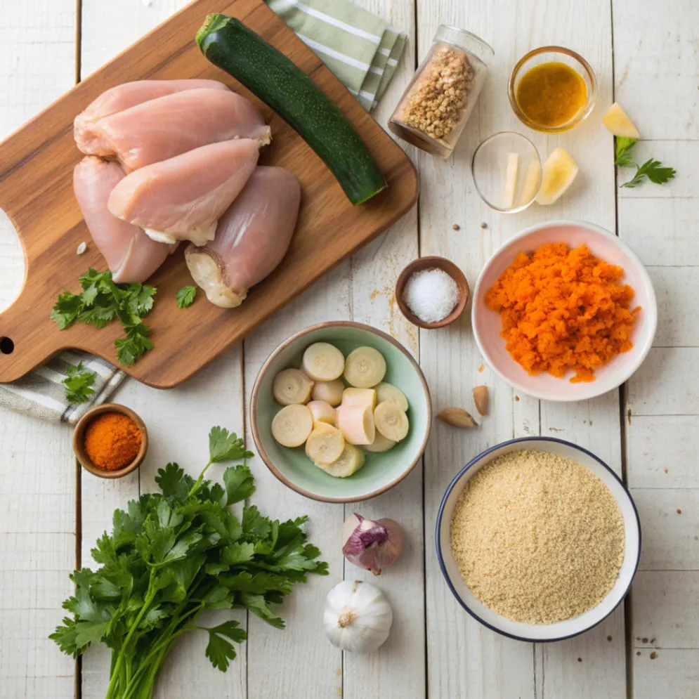 Top view of fresh ingredients for Moroccan Chicken and Whole Grain Couscous arranged on a rustic wooden table