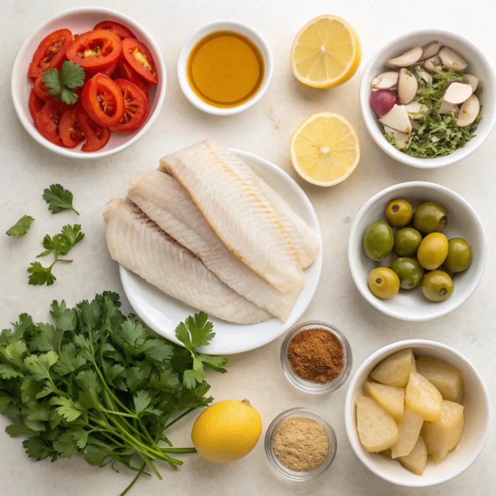 Fresh ingredients for Moroccan Fish Tagine including fish, herbs, spices, potatoes, and preserved lemon arranged on a white background.