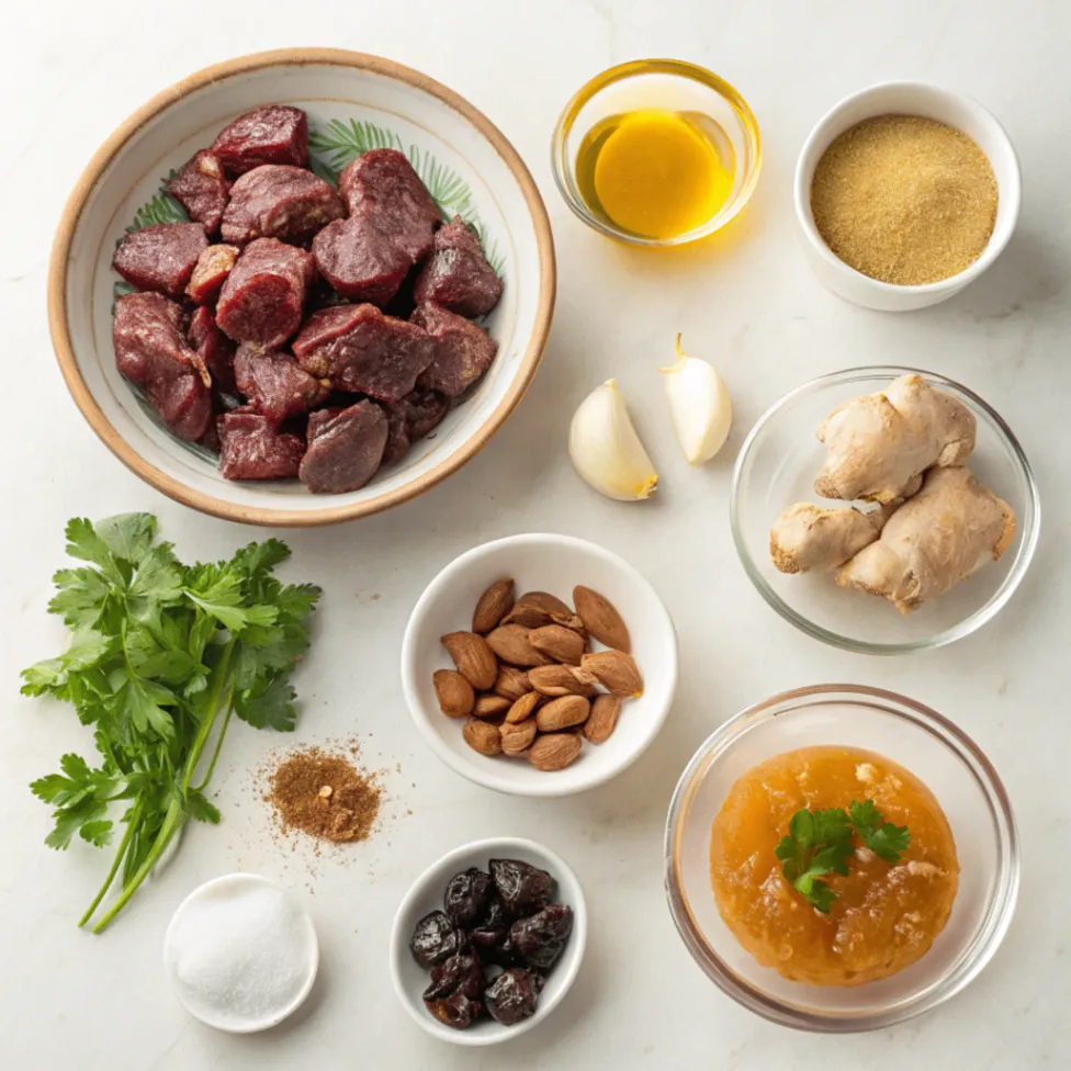 Overhead photo of ingredients for Moroccan Lamb Tagine with Prunes including lamb, prunes, spices, onions, garlic, and herbs