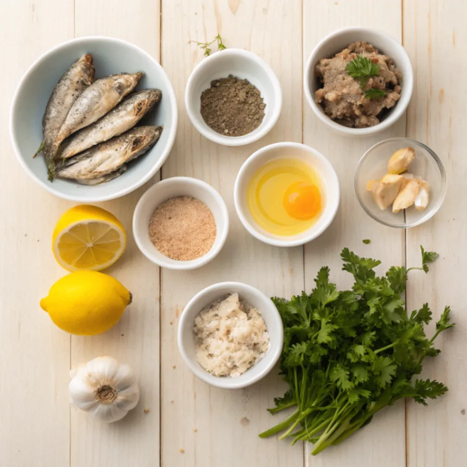 Overhead view of fresh ingredients for Moroccan Sardine Balls including sardines, herbs, spices, breadcrumbs, garlic, lemon, and olive oil arranged on a wooden surface