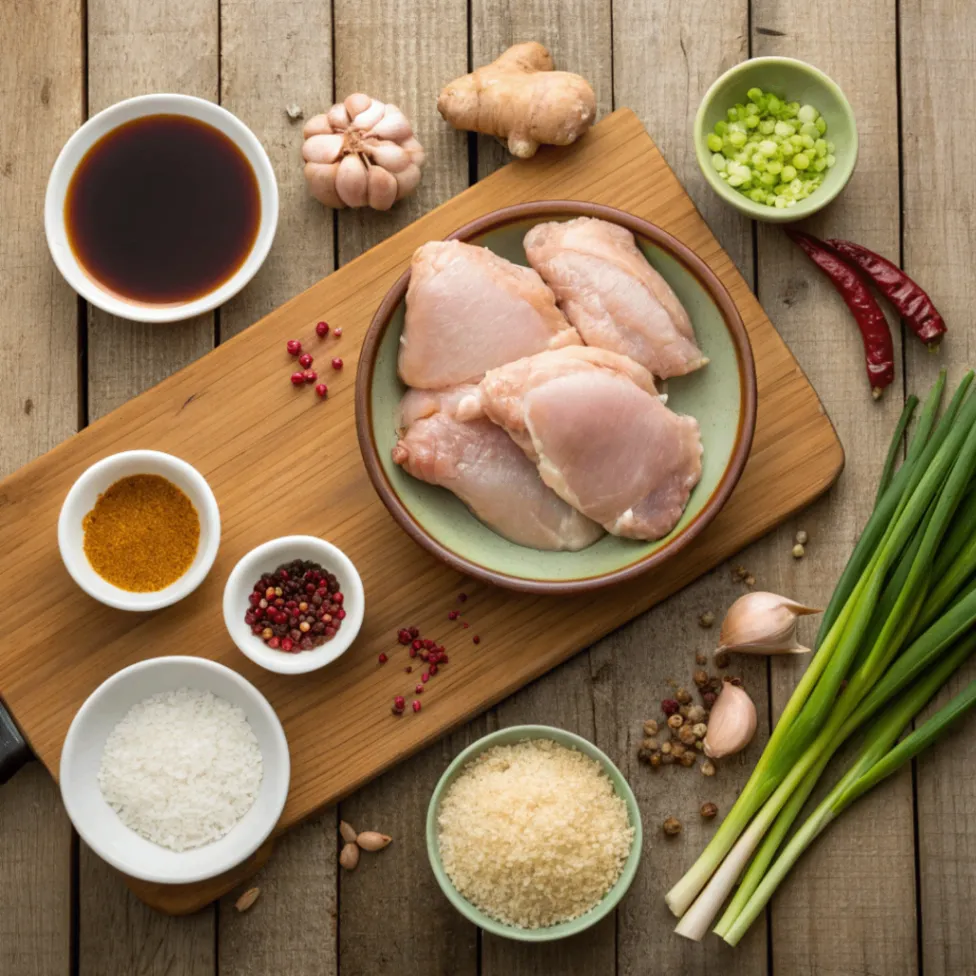 Fresh ingredients for making Asian marinated chicken thighs, including soy sauce, garlic, ginger, sesame oil, and honey arranged on a wooden table