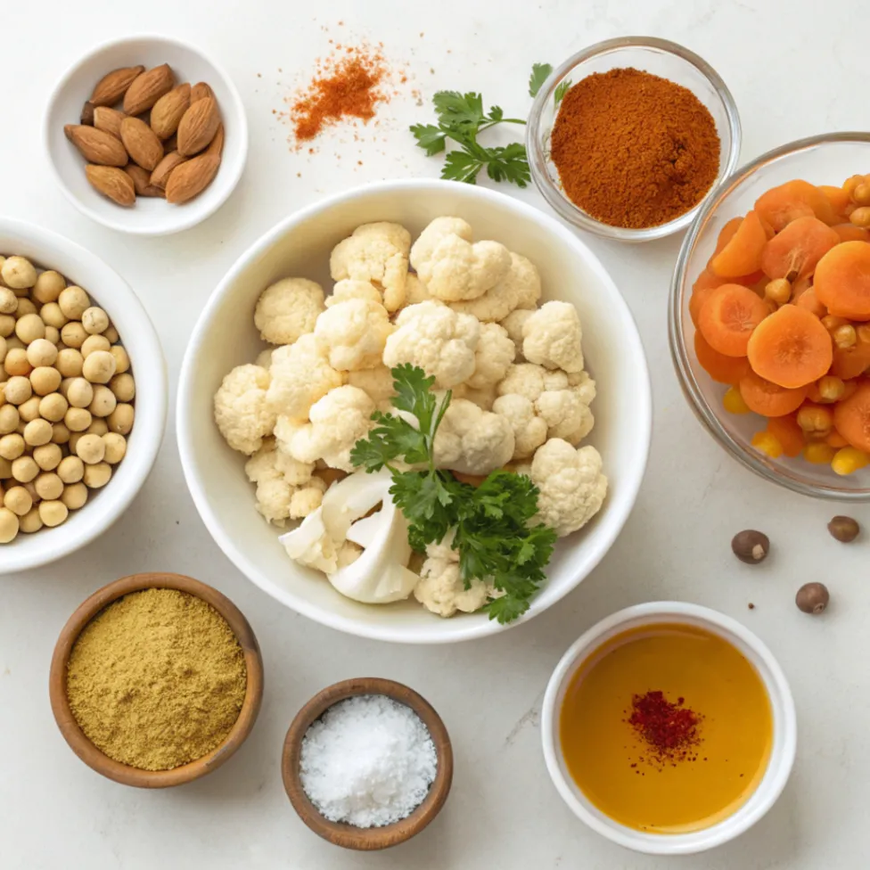 Close up flat lay of cauliflower florets, chickpeas, dried apricots, onions, garlic, spices, tomato paste and broth arranged for making Roasted Cauliflower, Apricots and Chickpea Tagine (Vegan)