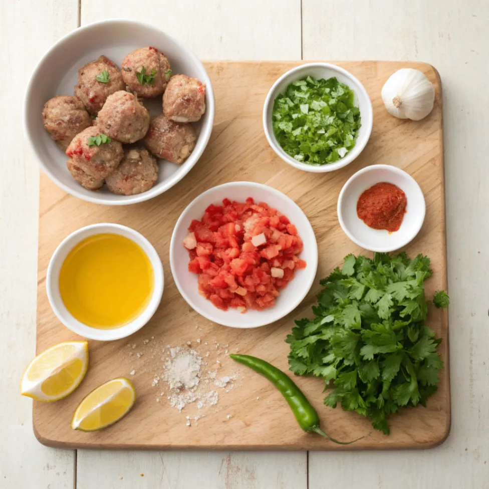 Fresh ingredients for Moroccan Sardine Balls Tagine arranged on a wooden surface