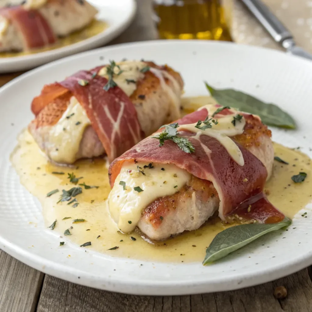 Close-up of Instant Pot Chicken Saltimbocca with prosciutto and sage served on a white plate with lemon-butter sauce.