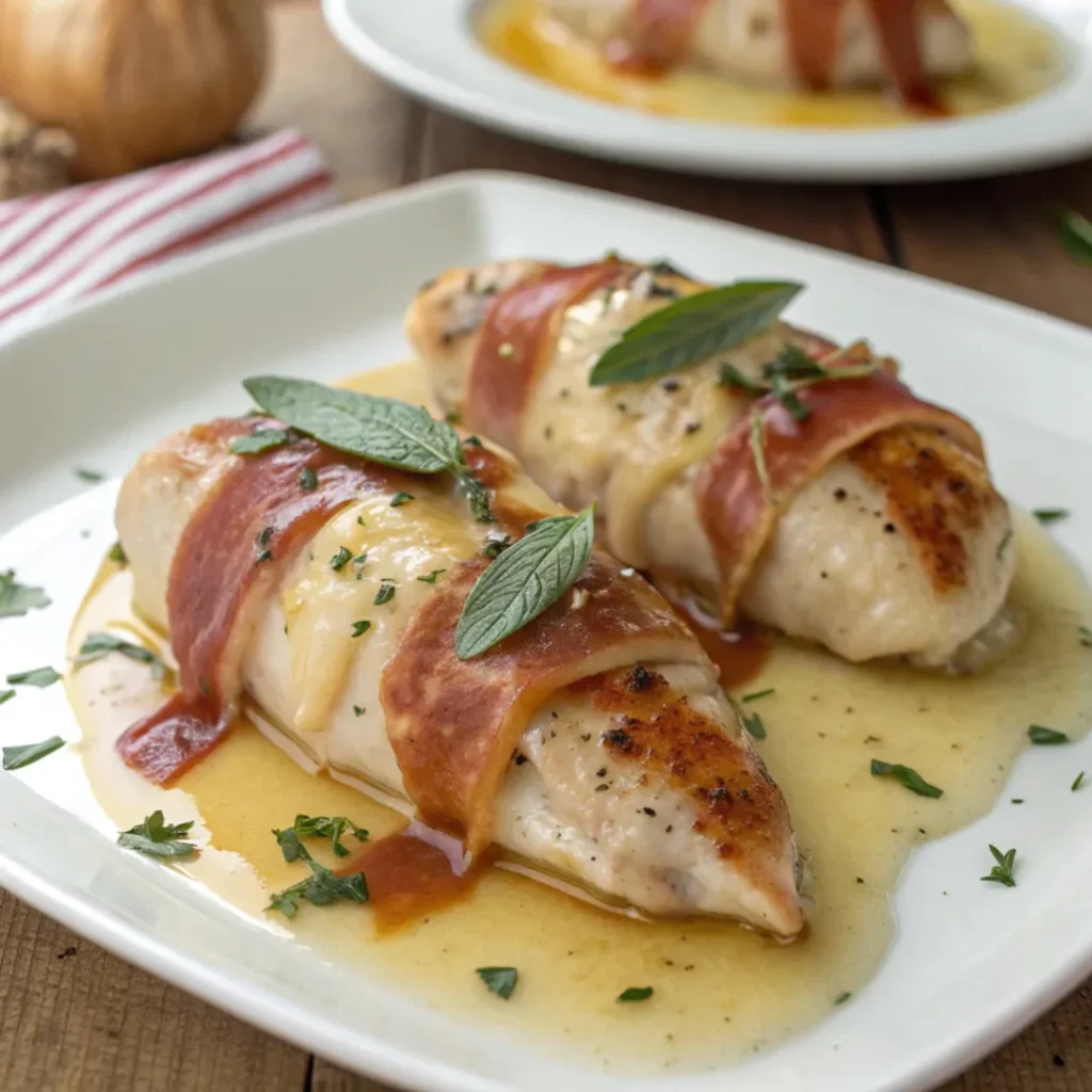 Close-up of Instant Pot Chicken Saltimbocca with prosciutto and sage served on a white plate with lemon-butter sauce.