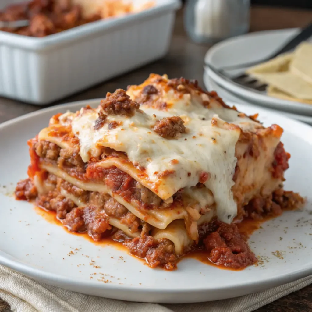 A close-up shot of creamy Instant Pot Lasagna with layers of pasta, melted cheese, and rich tomato sauce, served on a white plate and garnished with basil.
