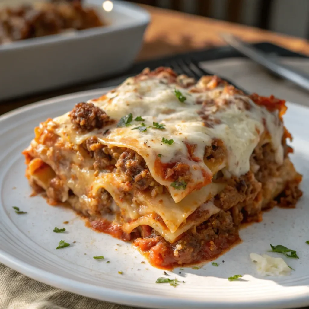A close-up shot of creamy Instant Pot Lasagna with layers of pasta, melted cheese, and rich tomato sauce, served on a white plate and garnished with basil.