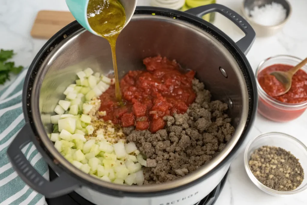 Ground beef, onions, and tomato sauce being sautéed in an Instant Pot for lasagna