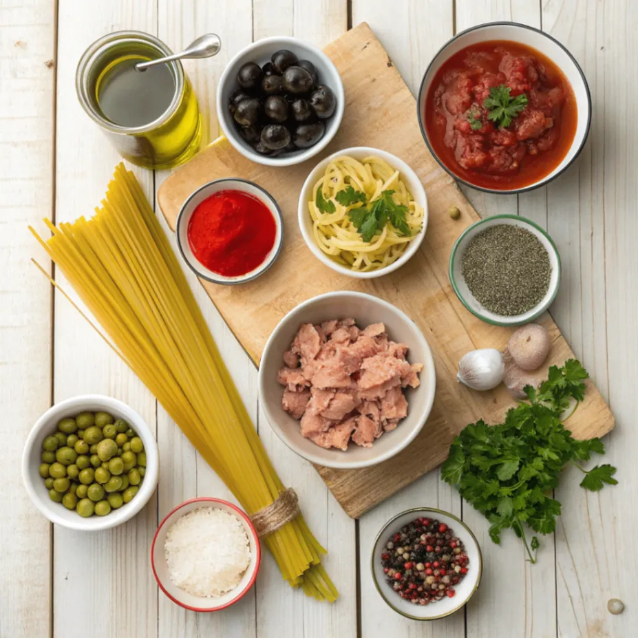 Ingredients for Instant Pot Tuna Puttanesca including tuna, olives, capers, tomatoes, and pasta arranged on a rustic wooden table.