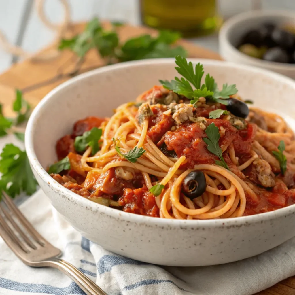 Instant Pot Tuna Puttanesca pasta topped with tuna, olives, and capers in rich tomato sauce