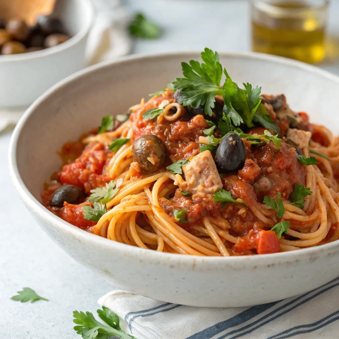Instant Pot Tuna Puttanesca pasta topped with tuna, olives, and capers in rich tomato sauce