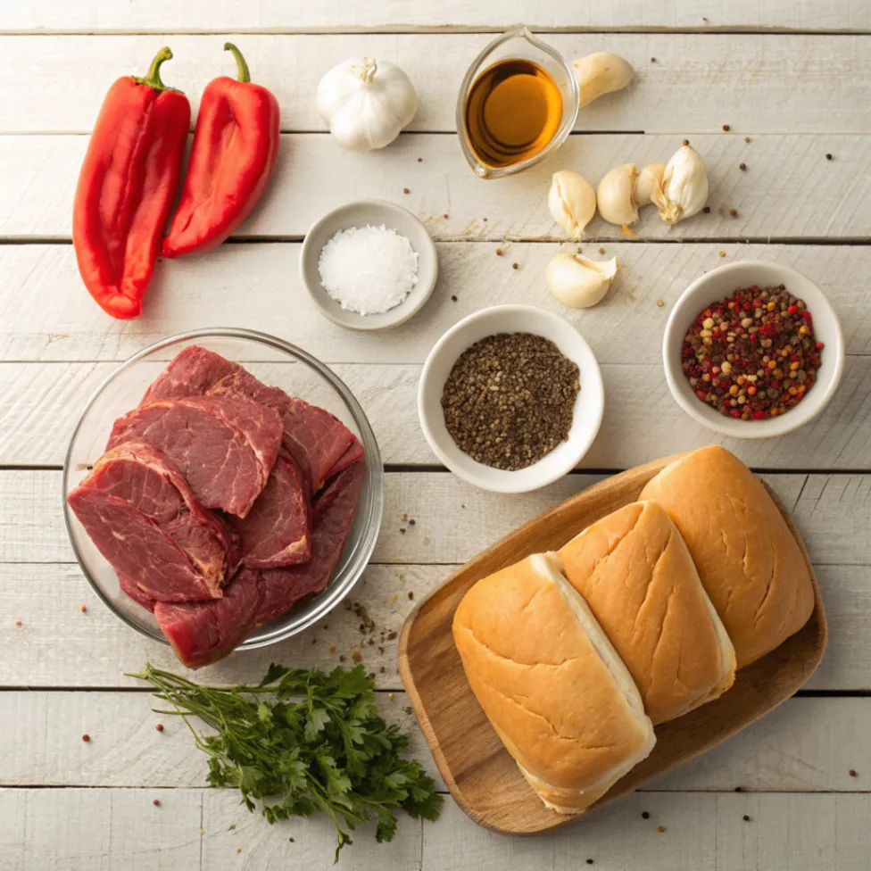 Fresh ingredients for Italian Beef Sandwiches including beef roast, spices, peppers, broth, and Italian rolls arranged on a rustic table.