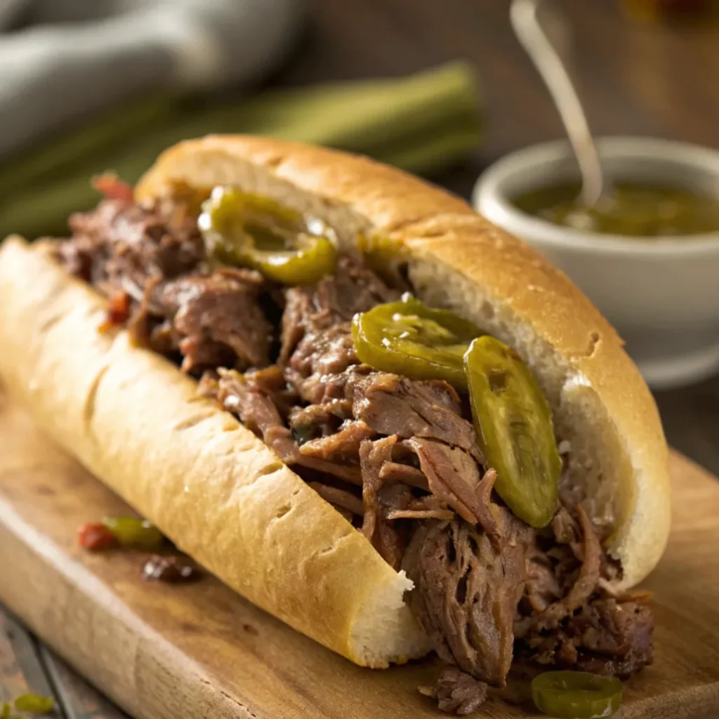 Close-up photo of Italian Beef Sandwiches on Italian rolls topped with giardiniera under natural lighting