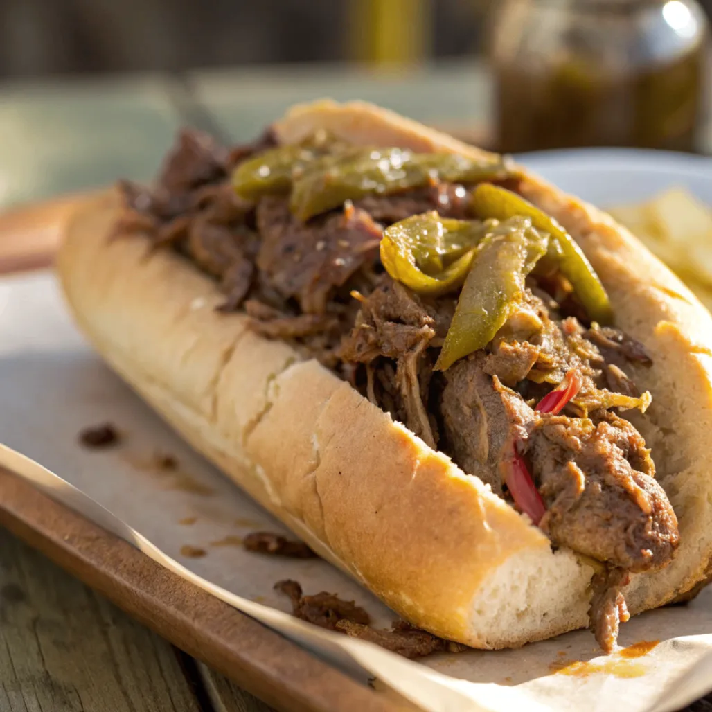 Close-up photo of Italian Beef Sandwiches on Italian rolls topped with giardiniera under natural lighting