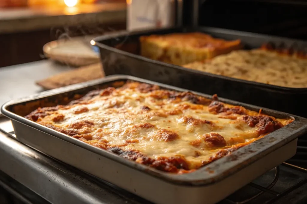 Italian Lasagna bubbling in the oven with melted golden cheese on top.
