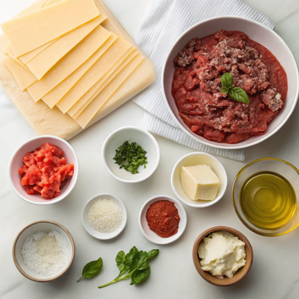 Ingredients for homemade Italian Lasagna including pasta sheets, meat, tomatoes, cheeses, and fresh herbs arranged on a white table.