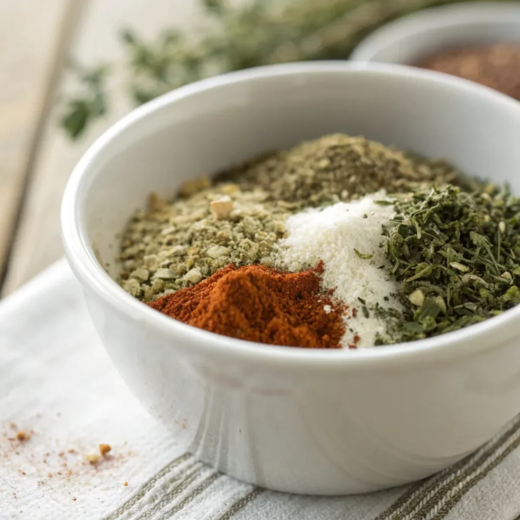 Close-up of a bowl of mixed Italian herbs and spices for seasoning chicken thighs.