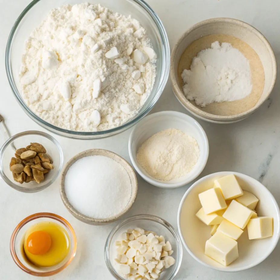 High quality close up image of Italian Wedding Cookies ingredients, including almond flour, butter, powdered sugar, and vanilla arranged neatly on a white background