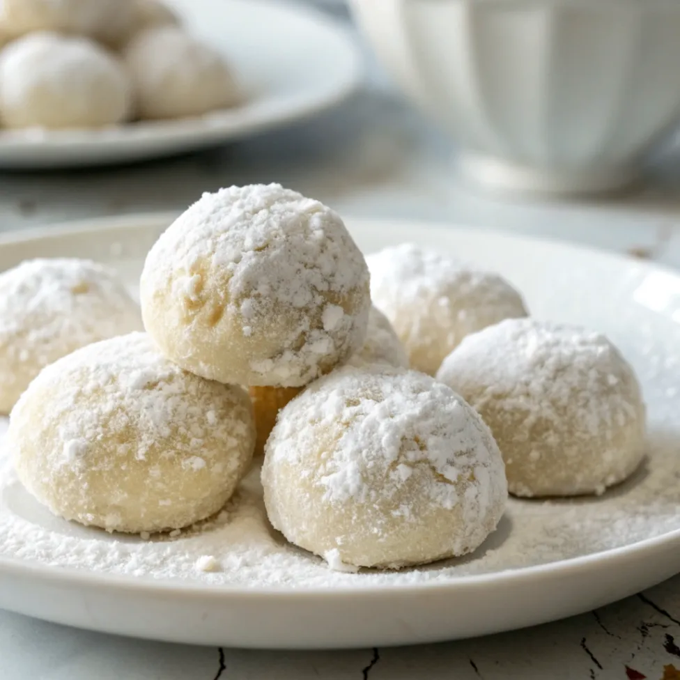 Close up overhead view of Italian Wedding Cookies coated in powdered sugar on a white plate, photographed with natural lighting