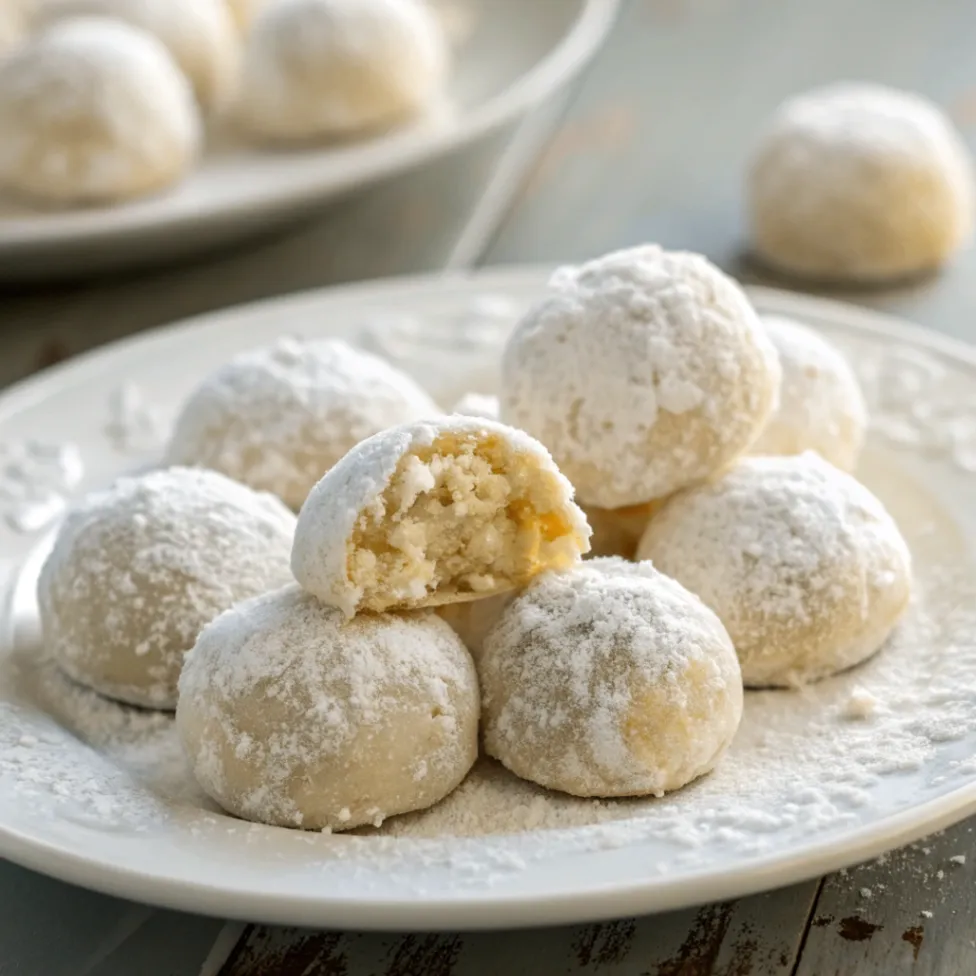 Close up overhead view of Italian Wedding Cookies coated in powdered sugar on a white plate, photographed with natural lighting