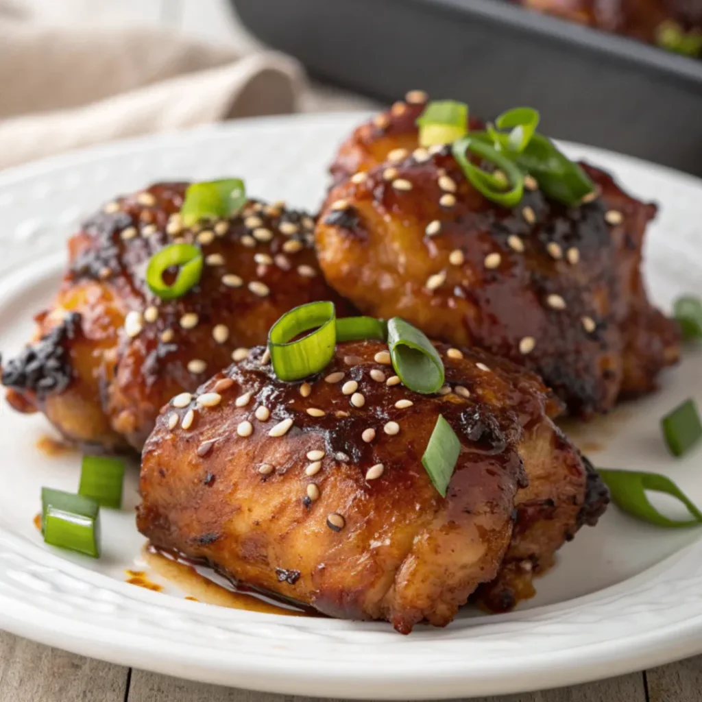 Asian Glazed Chicken Thighs coated in sticky soy-honey glaze with sesame seeds and green onions