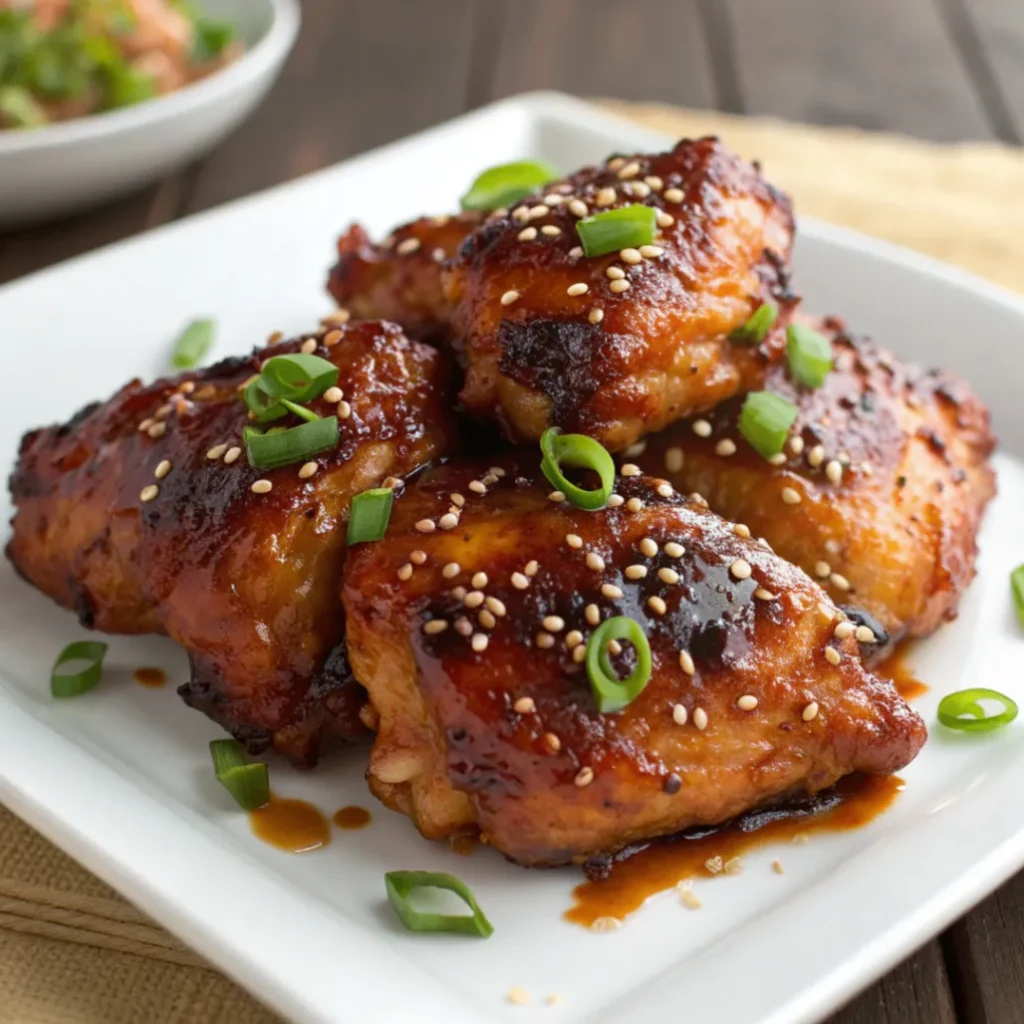 Asian Glazed Chicken Thighs coated in sticky soy-honey glaze with sesame seeds and green onions