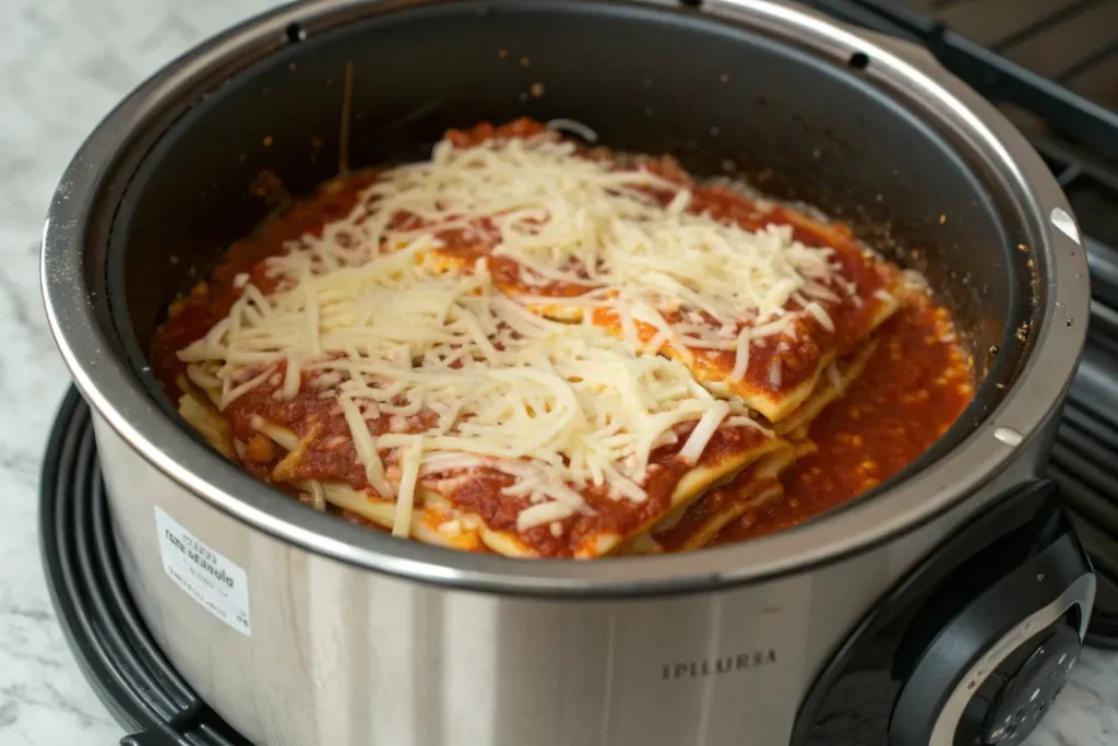 Lasagna noodles, meat sauce, and cheese mixture layered inside a pan for Instant Pot Lasagna
