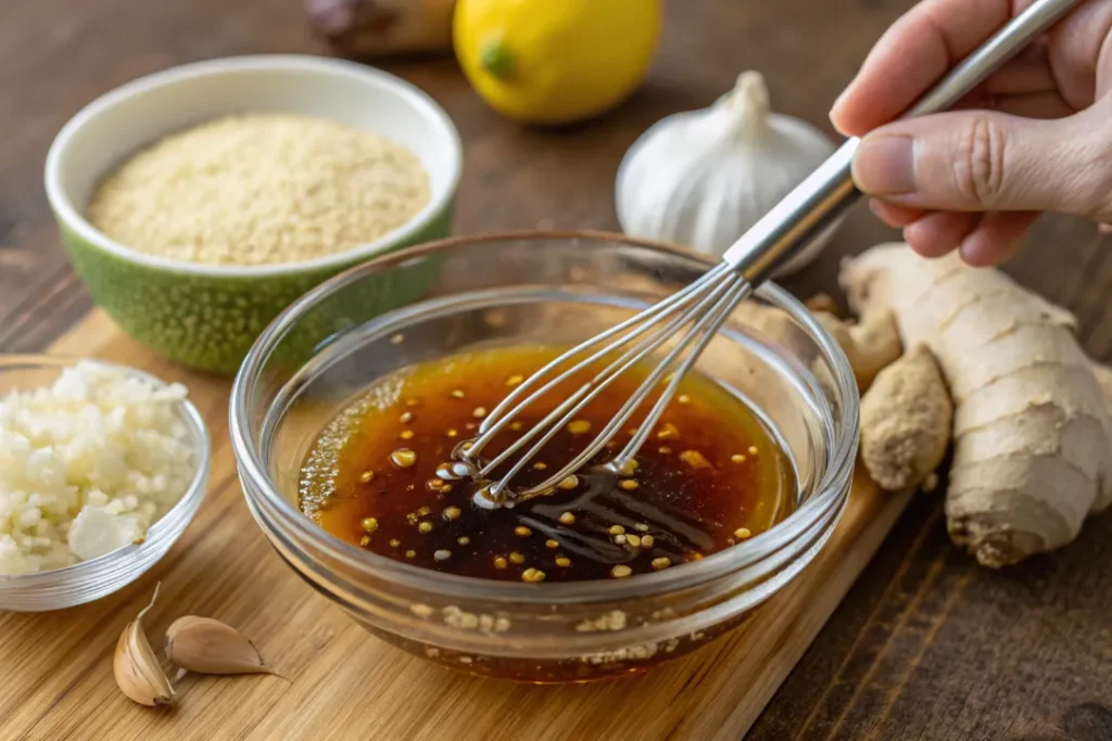 A realistic photo of sesame dressing being whisked in a small glass bowl, highlighting the blend of rich sesame oil, rice vinegar, and soy sauce that gives Asian Coleslaw its signature flavor. v